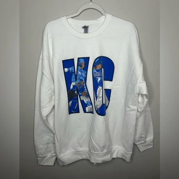 Kansas City Royals KC Crewneck Pullover Sweatshirt White & Blue MLB Baseball XL - Picture 2 of 8
